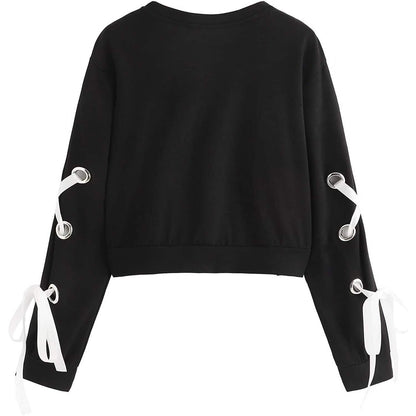 Women's Casual Lace-Up Long-Sleeved Pullover Crop Top Sweatshirt DailySale