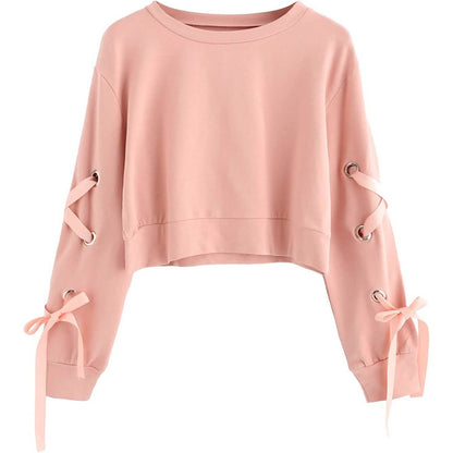 Women's Casual Lace-Up Long-Sleeved Pullover Crop Top Sweatshirt DailySale