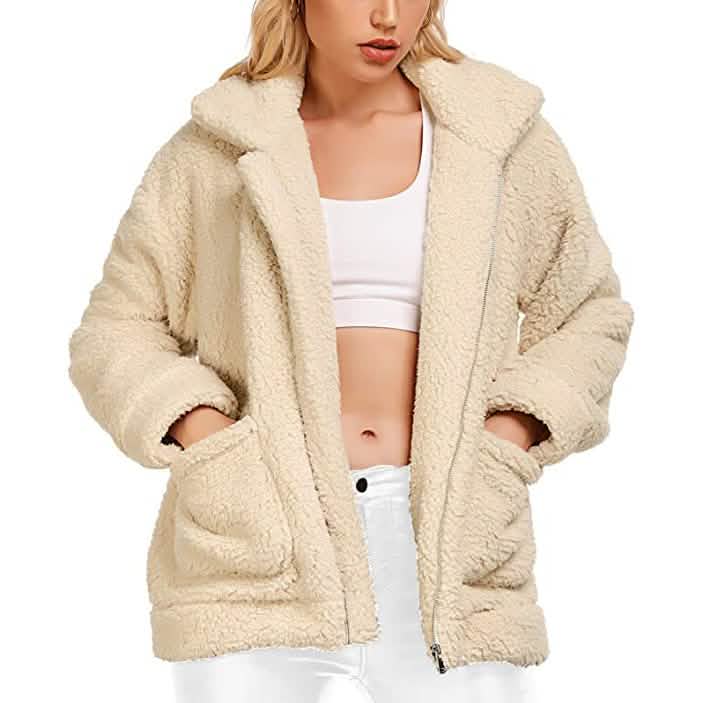 Women's Casual Lapel Fleece Fuzzy Faux Shearling Zipper Coat DailySale