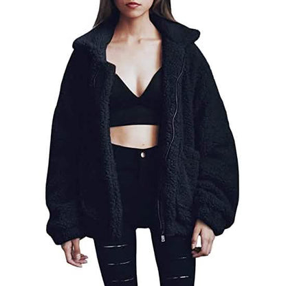 Women's Casual Lapel Fleece Fuzzy Faux Shearling Zipper Coat DailySale