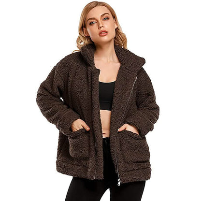 Women's Casual Lapel Fleece Fuzzy Faux Shearling Zipper Coat DailySale
