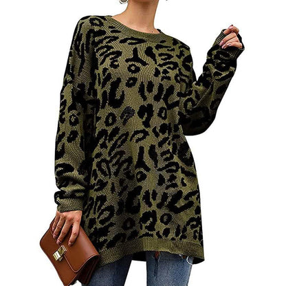 Women’s Casual Leopard Print Long Sleeve Crew Neck Knitted Oversized Pullover Sweaters Tops DailySale
