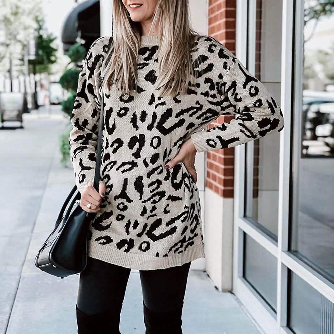Women’s Casual Leopard Print Long Sleeve Crew Neck Knitted Oversized Pullover Sweaters Tops DailySale
