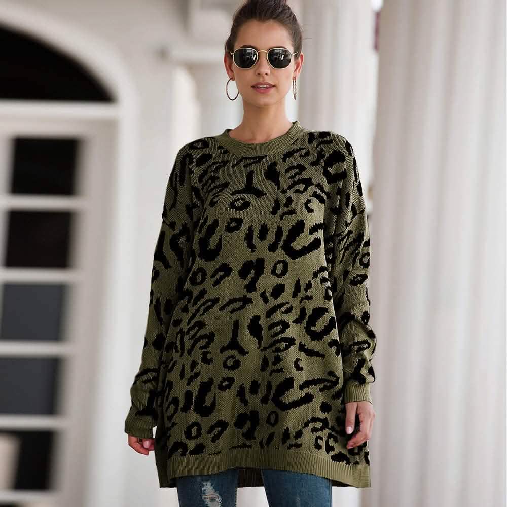 Women’s Casual Leopard Print Long Sleeve Crew Neck Knitted Oversized Pullover Sweaters Tops DailySale