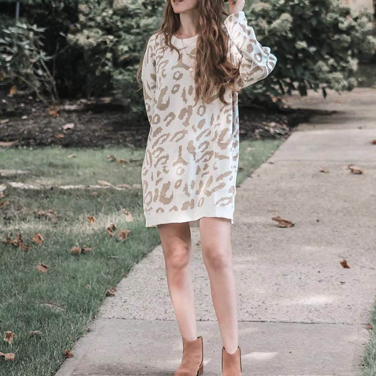 Women’s Casual Leopard Print Long Sleeve Crew Neck Knitted Oversized Pullover Sweaters Tops DailySale