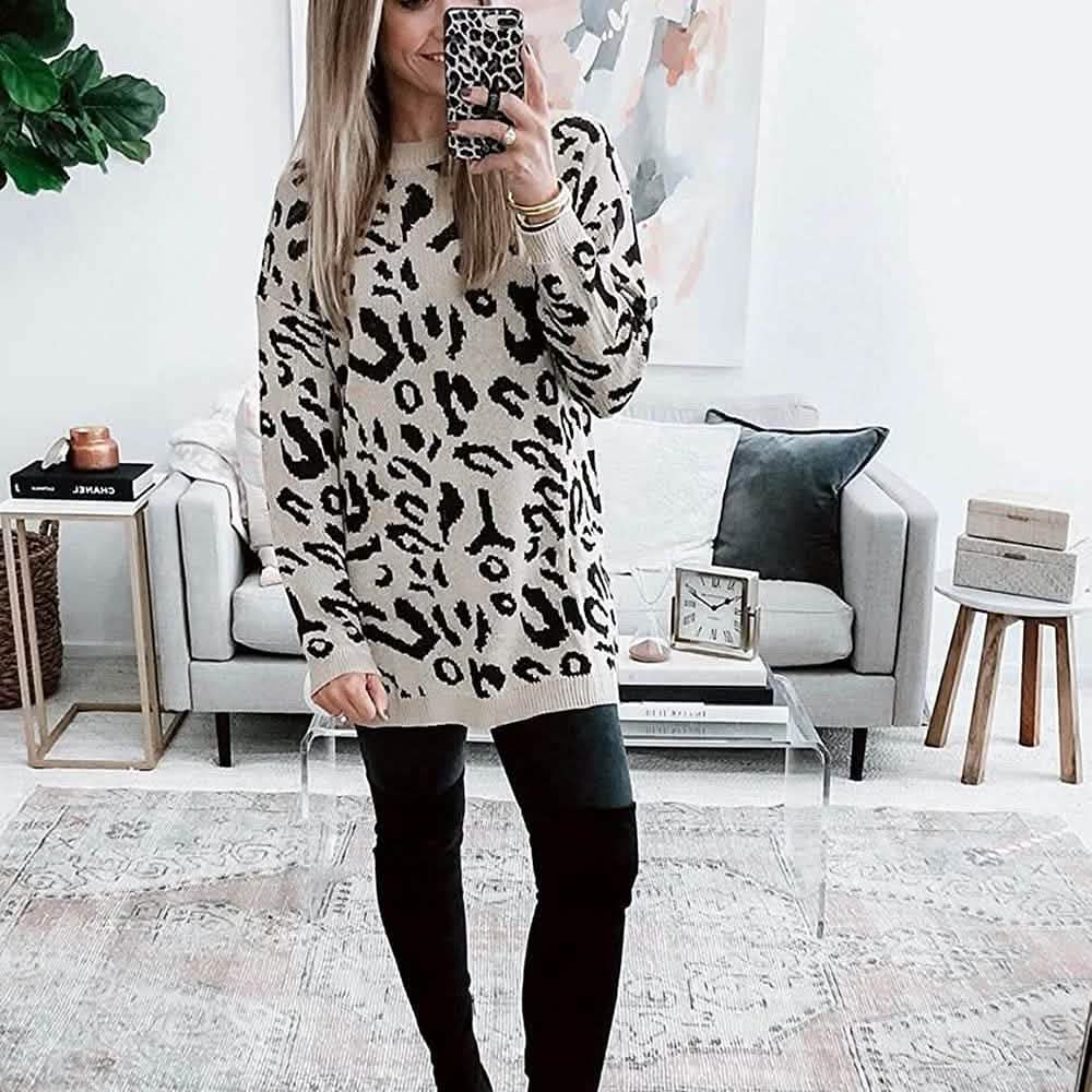 Women’s Casual Leopard Print Long Sleeve Crew Neck Knitted Oversized Pullover Sweaters Tops DailySale