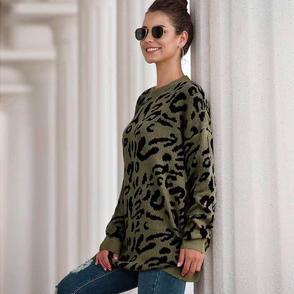 Women’s Casual Leopard Print Long Sleeve Crew Neck Knitted Oversized Pullover Sweaters Tops DailySale