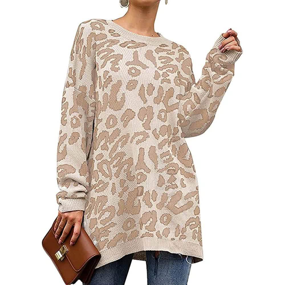 Women’s Casual Leopard Print Long Sleeve Crew Neck Knitted Oversized Pullover Sweaters Tops DailySale