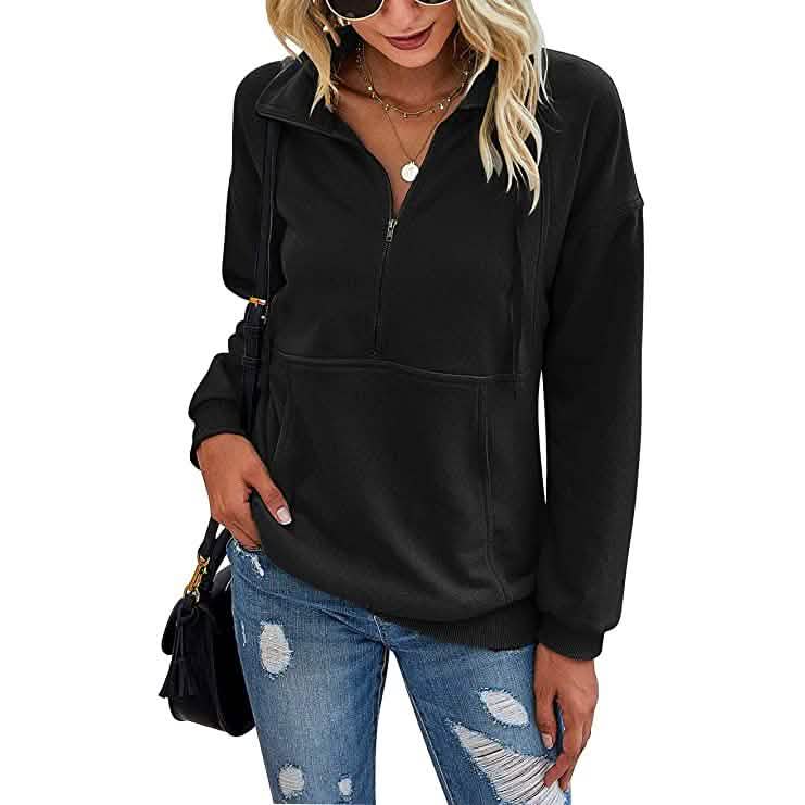 Women's Casual Long Sleeve Lapel Zipper Drawstring Loose Pullover Tops DailySale