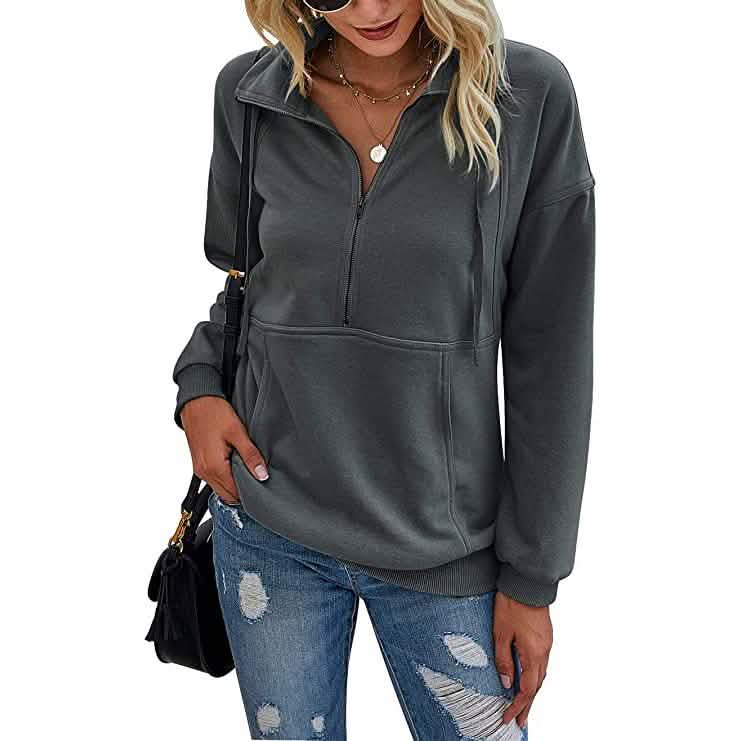 Women's Casual Long Sleeve Lapel Zipper Drawstring Loose Pullover Tops DailySale