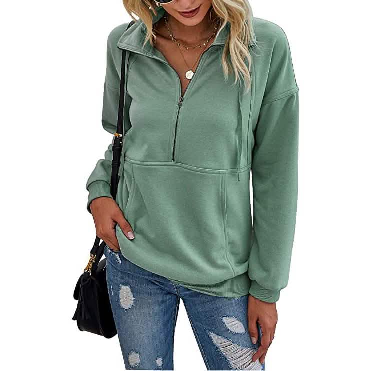 Women's Casual Long Sleeve Lapel Zipper Drawstring Loose Pullover Tops DailySale