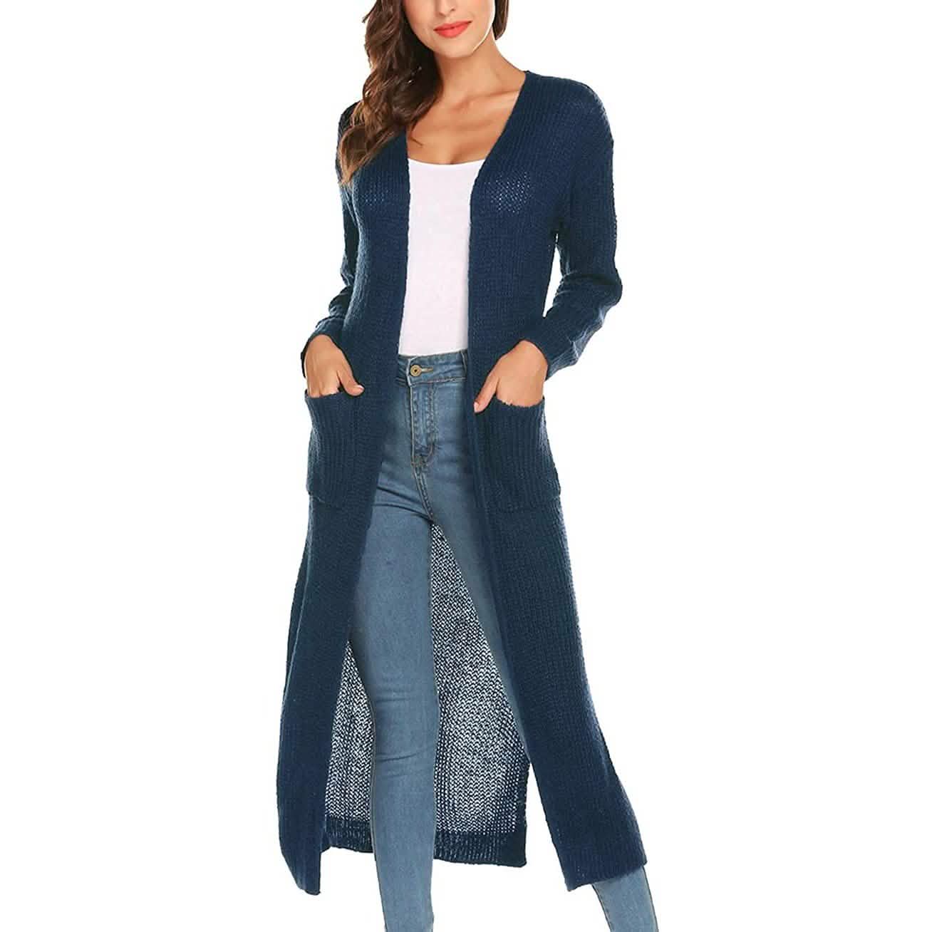 Womens Casual Long Sleeve Split Open Cardigan Knit Long Cardigan Sweaters with Pockets DailySale