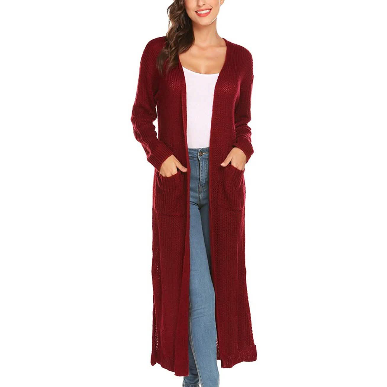 Womens Casual Long Sleeve Split Open Cardigan Knit Long Cardigan Sweaters with Pockets DailySale
