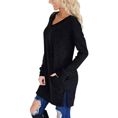 Womens Casual Long Sleeves Solid V-Neck Tunics Shirt Tops with Pockets DailySale
