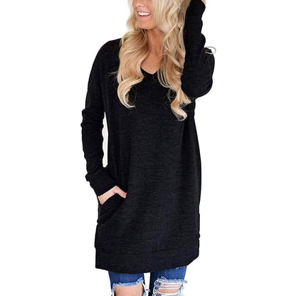 Womens Casual Long Sleeves Solid V-Neck Tunics Shirt Tops with Pockets DailySale