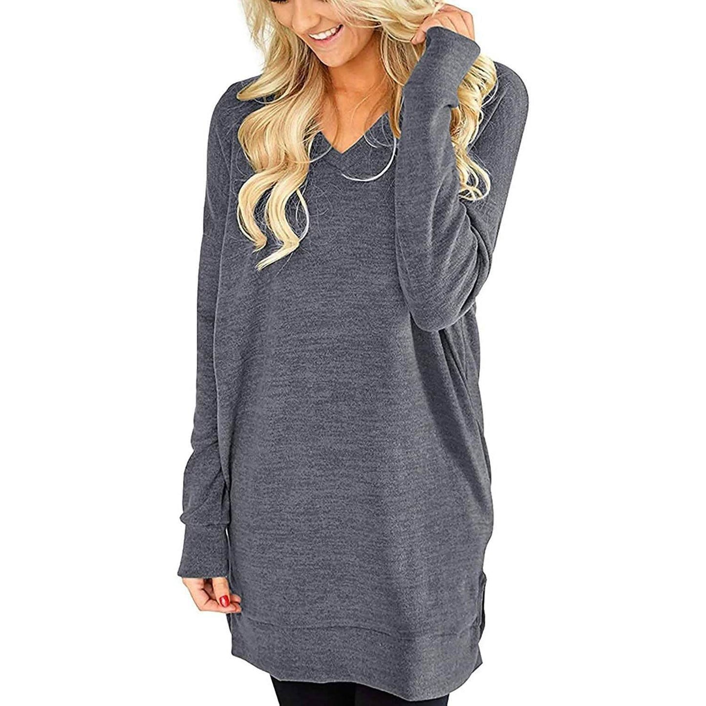 Womens Casual Long Sleeves Solid V-Neck Tunics Shirt Tops with Pockets DailySale