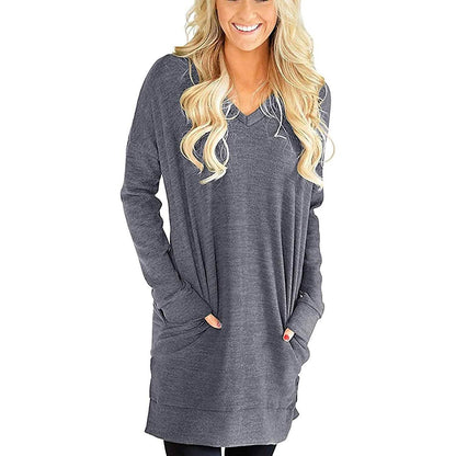 Womens Casual Long Sleeves Solid V-Neck Tunics Shirt Tops with Pockets DailySale