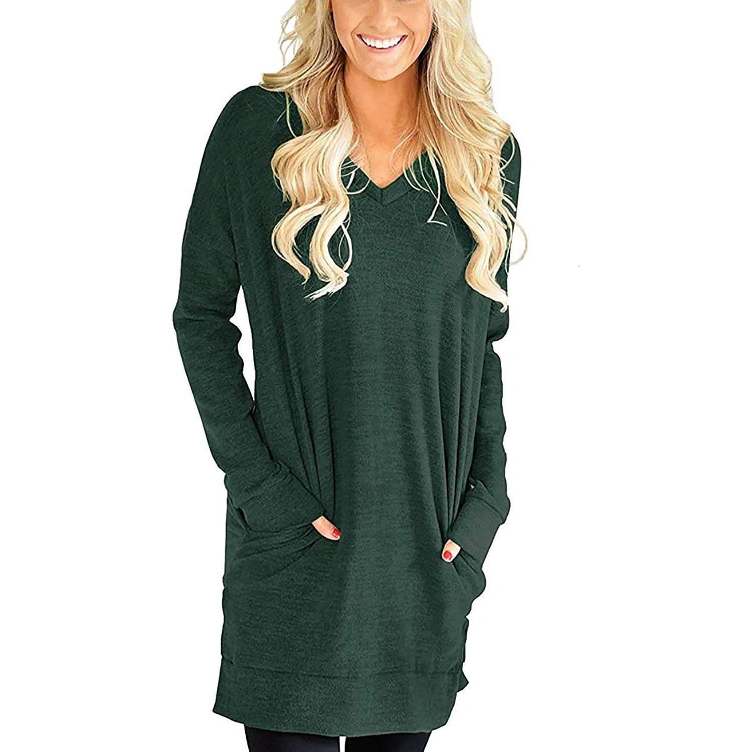 Womens Casual Long Sleeves Solid V-Neck Tunics Shirt Tops with Pockets DailySale