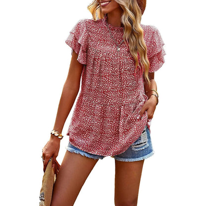 Women's Casual Summer Tops Ruffle Short Sleeve Mock Neck Fashion Floral Chiffon Blouse Shirts DailySale