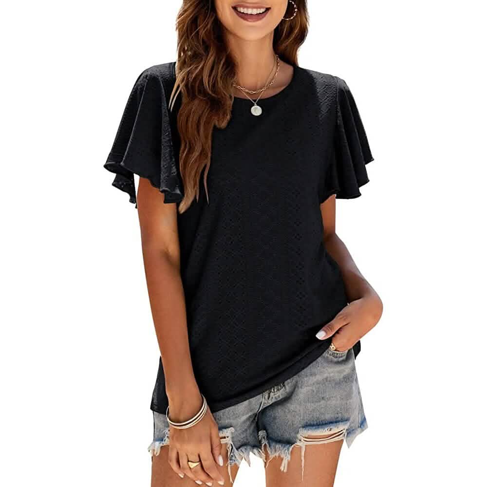 Womens Casual T-Shirts Summer Crew Neck Ruffle Sleeve Tees Tunic Tops DailySale