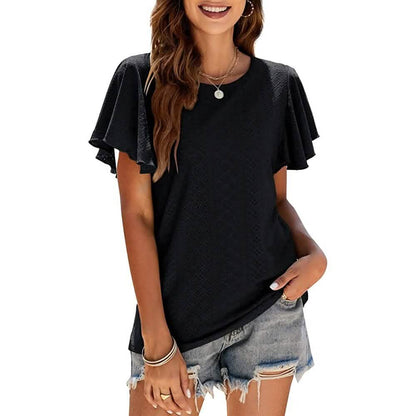 Womens Casual T-Shirts Summer Crew Neck Ruffle Sleeve Tees Tunic Tops DailySale