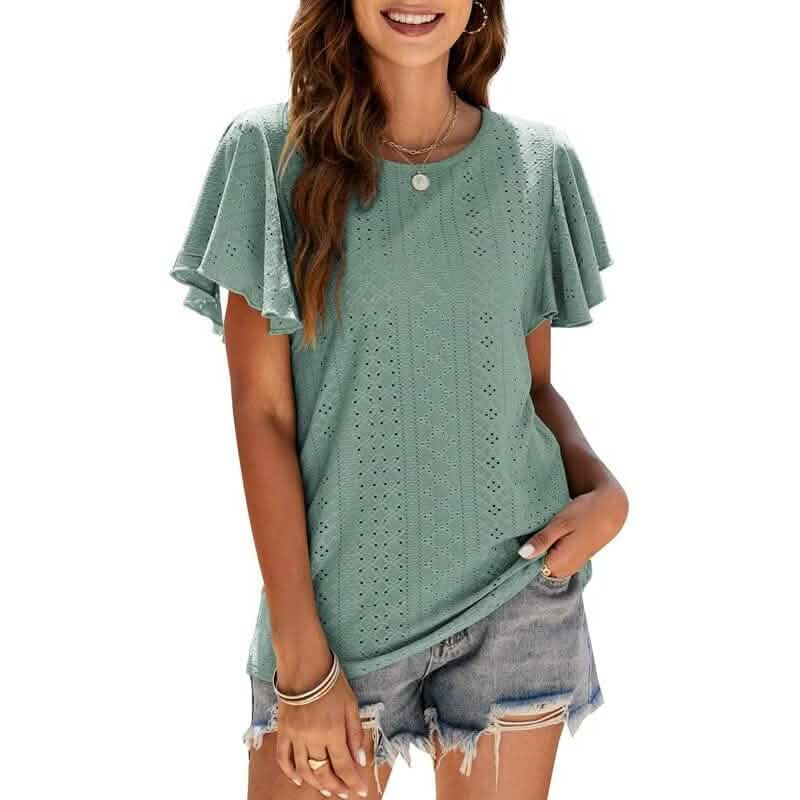 Womens Casual T-Shirts Summer Crew Neck Ruffle Sleeve Tees Tunic Tops DailySale