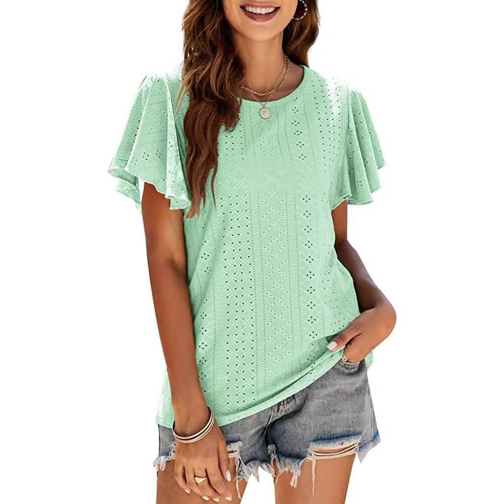 Womens Casual T-Shirts Summer Crew Neck Ruffle Sleeve Tees Tunic Tops DailySale