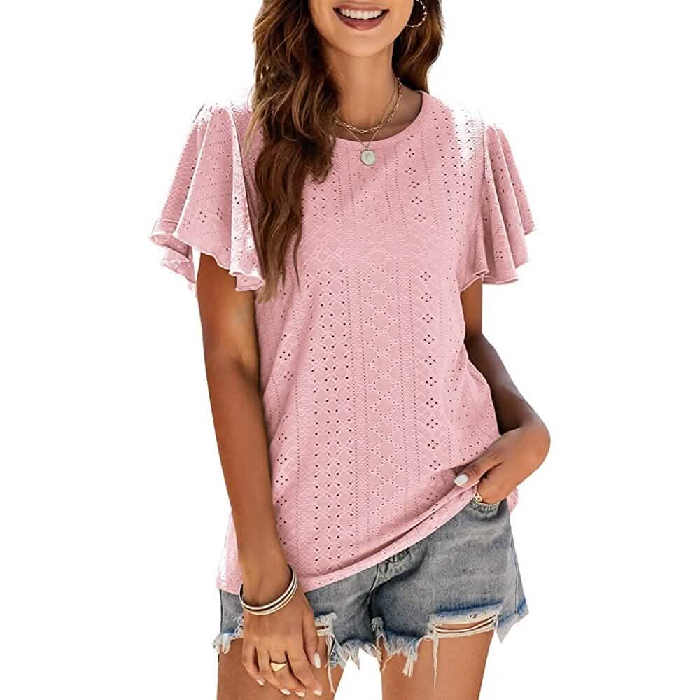 Womens Casual T-Shirts Summer Crew Neck Ruffle Sleeve Tees Tunic Tops DailySale