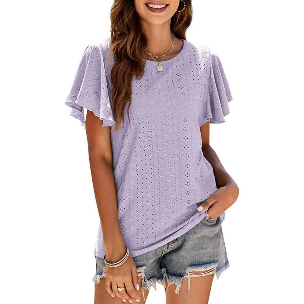 Womens Casual T-Shirts Summer Crew Neck Ruffle Sleeve Tees Tunic Tops DailySale