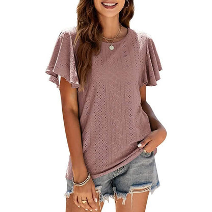 Womens Casual T-Shirts Summer Crew Neck Ruffle Sleeve Tees Tunic Tops DailySale