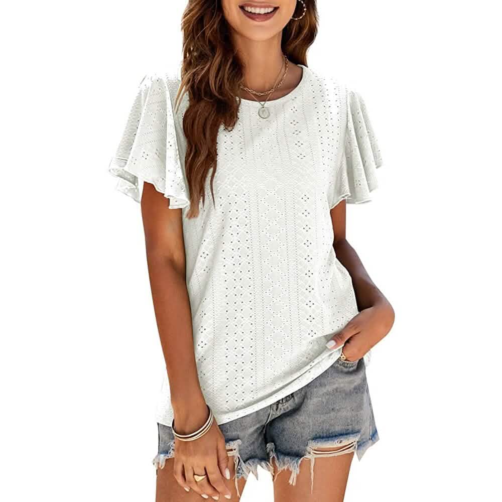 Womens Casual T-Shirts Summer Crew Neck Ruffle Sleeve Tees Tunic Tops DailySale