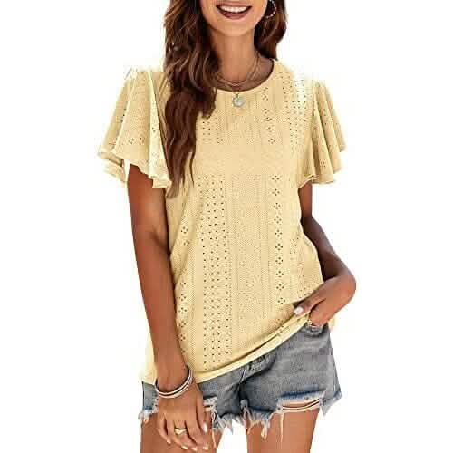 Womens Casual T-Shirts Summer Crew Neck Ruffle Sleeve Tees Tunic Tops DailySale