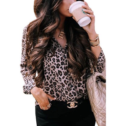 Womens Casual Tops V Neck Leopard Tunic Long Sleeve Button Down Shirts Top DailySale