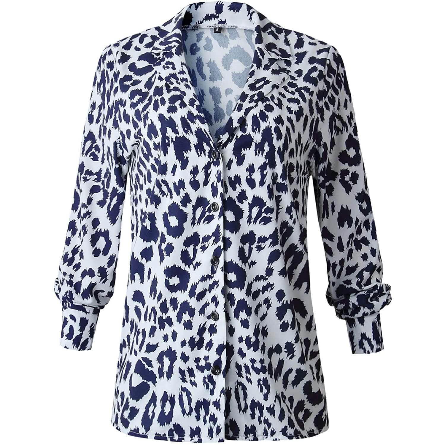 Womens Casual Tops V Neck Leopard Tunic Long Sleeve Button Down Shirts Top DailySale