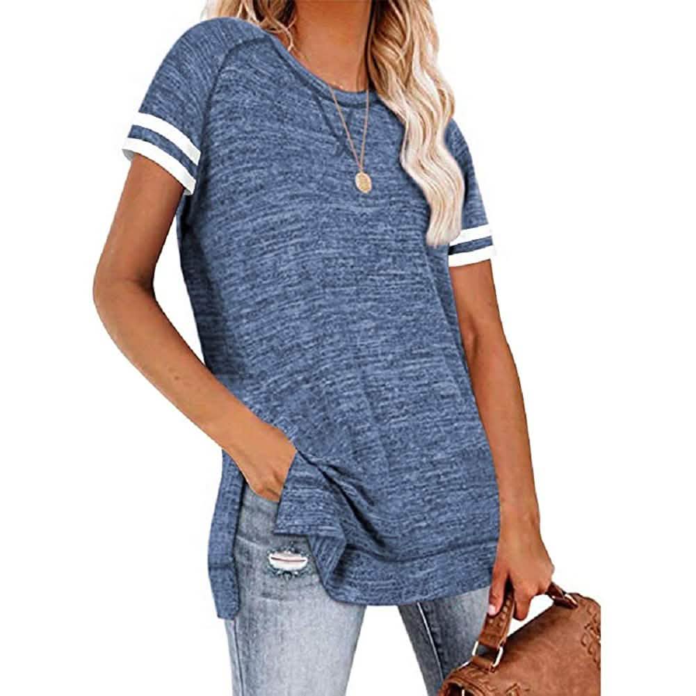Womens Casual Tunic Tops Short Sleeve Crewneck Side Split Color Block T-Shirt DailySale