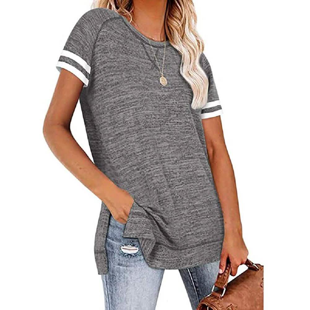 Womens Casual Tunic Tops Short Sleeve Crewneck Side Split Color Block T-Shirt DailySale