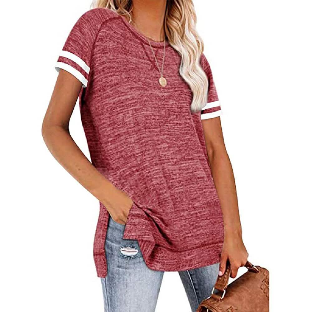 Womens Casual Tunic Tops Short Sleeve Crewneck Side Split Color Block T-Shirt DailySale