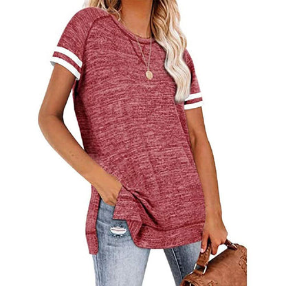 Womens Casual Tunic Tops Short Sleeve Crewneck Side Split Color Block T-Shirt DailySale