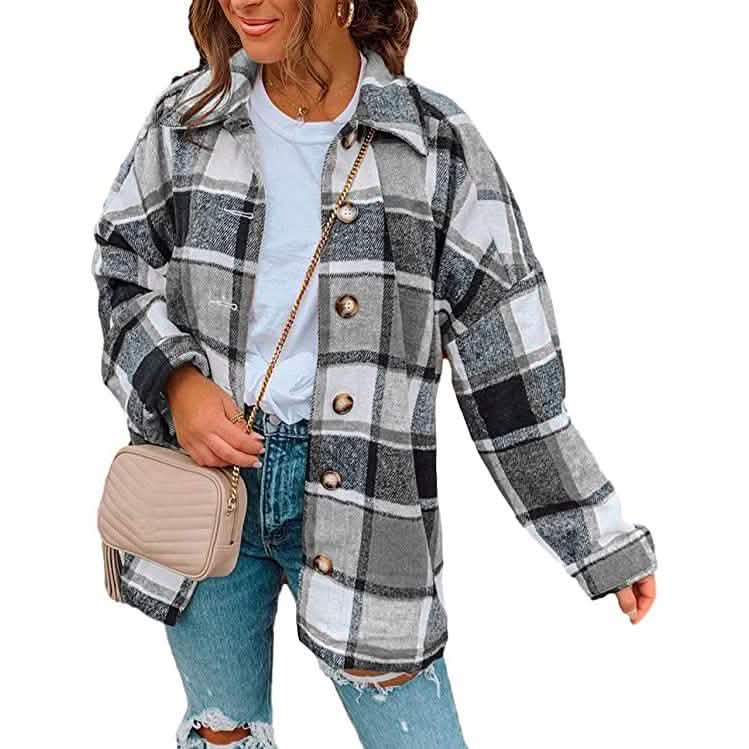 Women's Casual Woolen Long Sleeve Button Down Plaid Jacket DailySale
