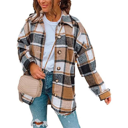 Women's Casual Woolen Long Sleeve Button Down Plaid Jacket DailySale