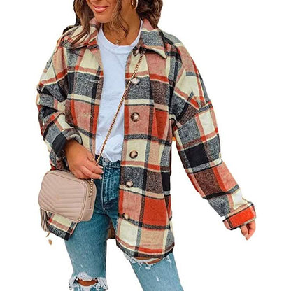 Women's Casual Woolen Long Sleeve Button Down Plaid Jacket DailySale
