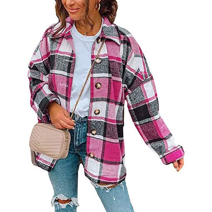 Women's Casual Woolen Long Sleeve Button Down Plaid Jacket DailySale