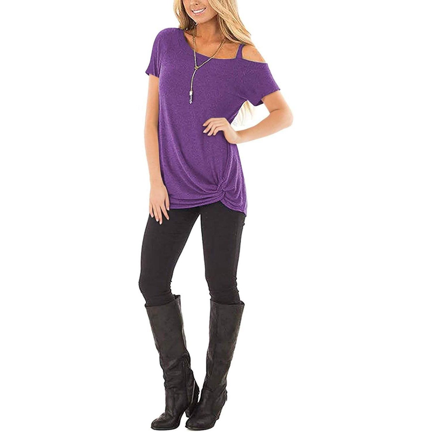 Women's Cold Shoulder Tops Summer Short Sleeve Casual Twist Knot Blouse T-Shirt DailySale