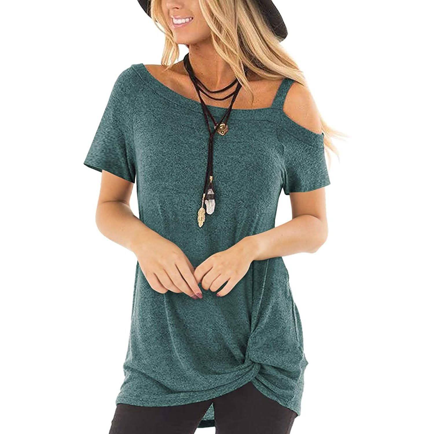Women's Cold Shoulder Tops Summer Short Sleeve Casual Twist Knot Blouse T-Shirt DailySale