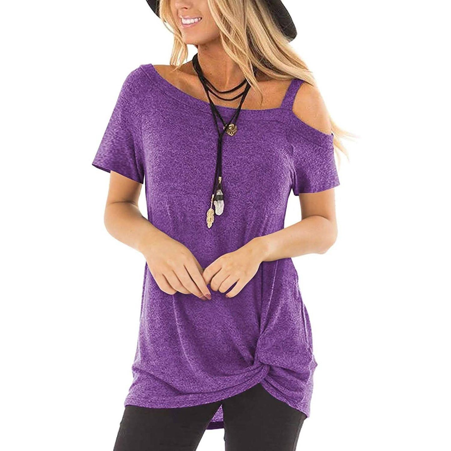 Women's Cold Shoulder Tops Summer Short Sleeve Casual Twist Knot Blouse T-Shirt DailySale