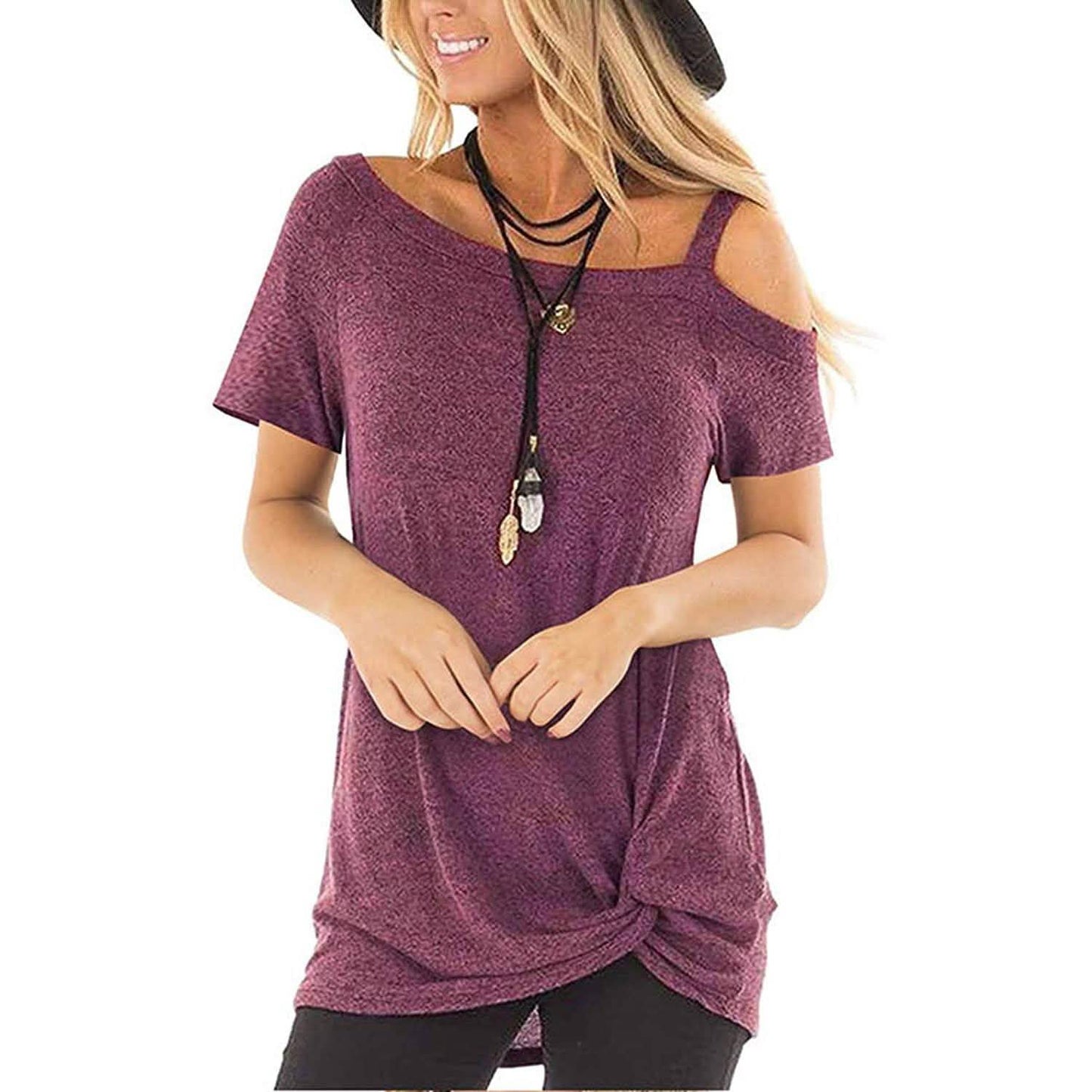 Women's Cold Shoulder Tops Summer Short Sleeve Casual Twist Knot Blouse T-Shirt DailySale