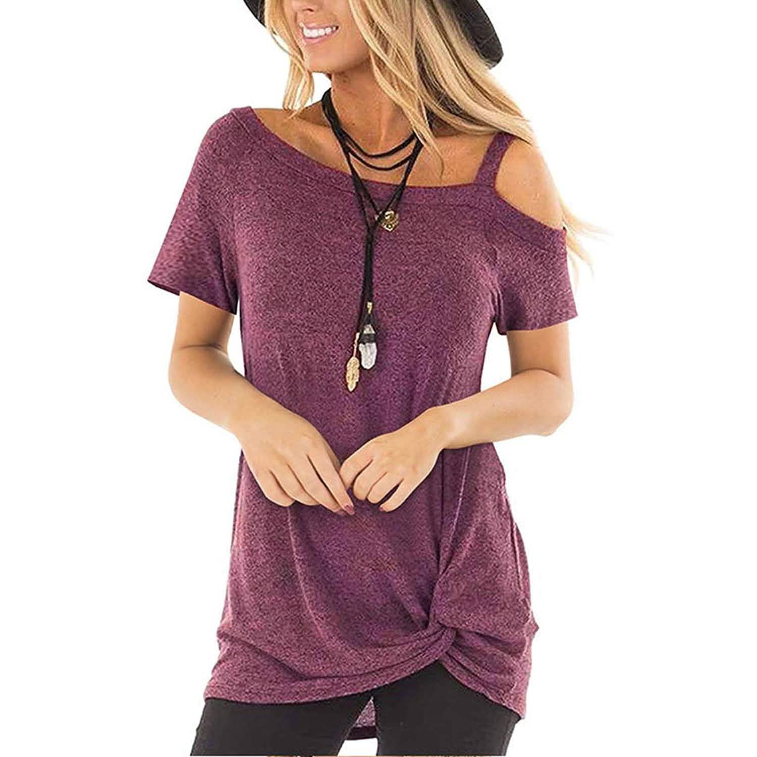 Women's Cold Shoulder Tops Summer Short Sleeve Casual Twist Knot Blouse T-Shirt DailySale