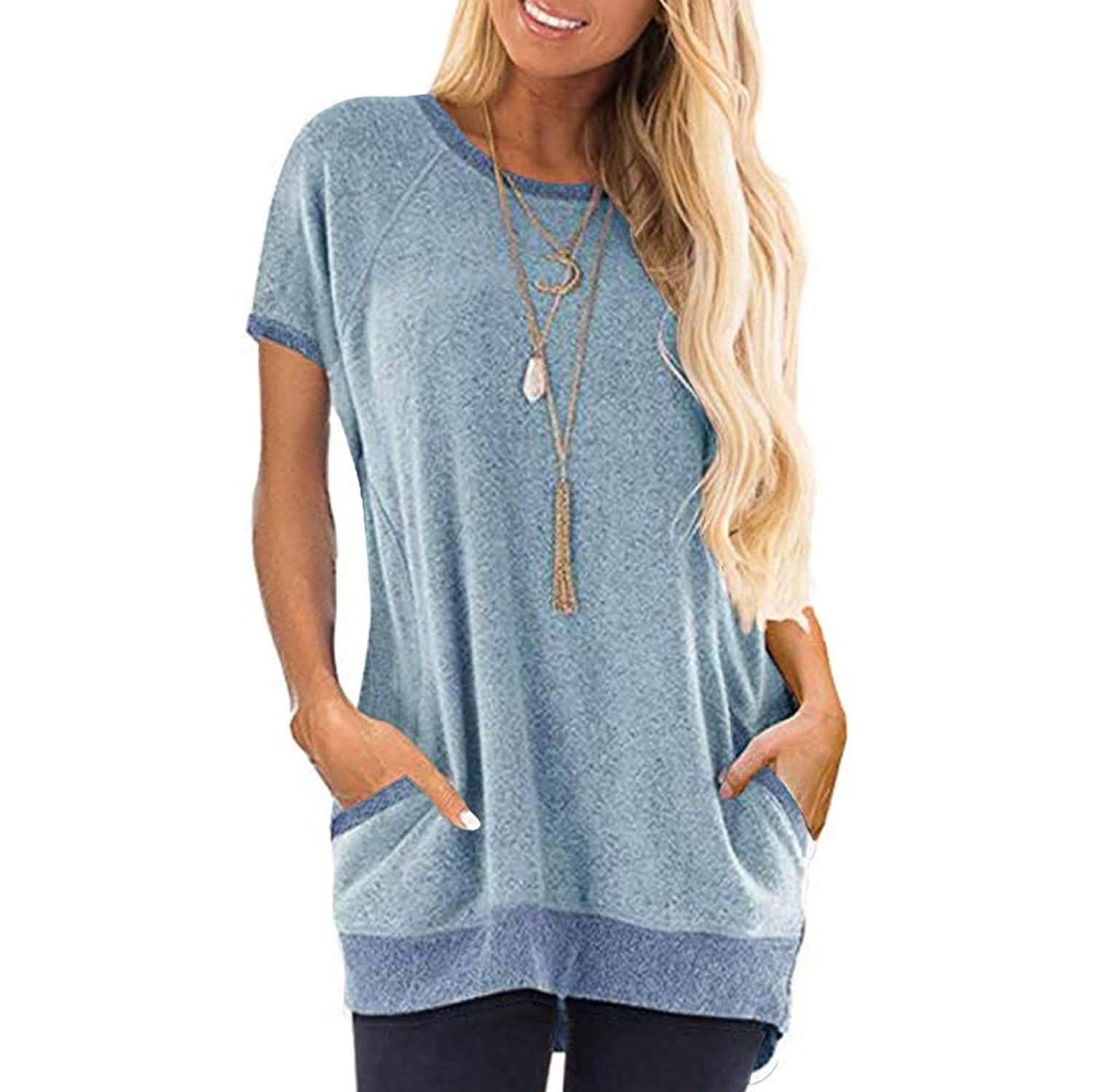 Women's Color Block Short Sleeve Lightweight Knit Sweatshirts with Pockets DailySale