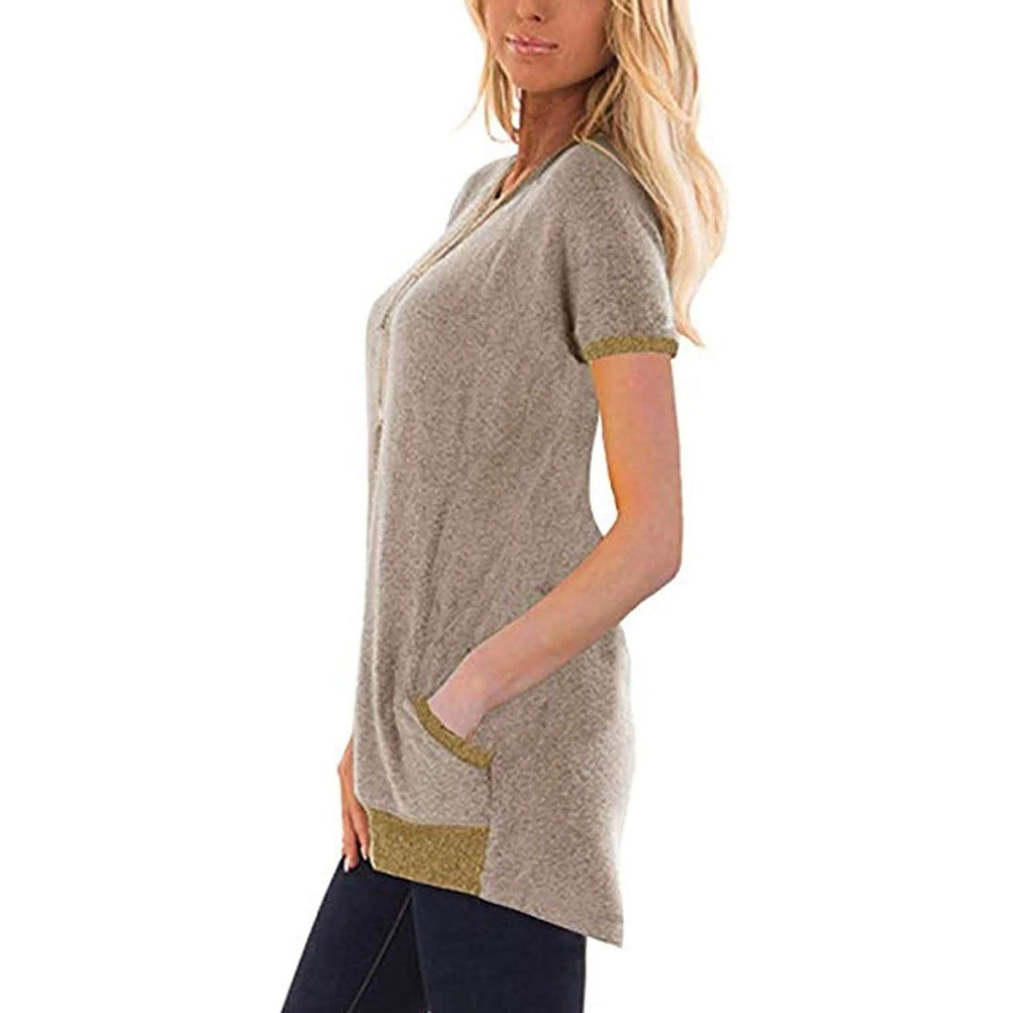 Women's Color Block Short Sleeve Lightweight Knit Sweatshirts with Pockets DailySale
