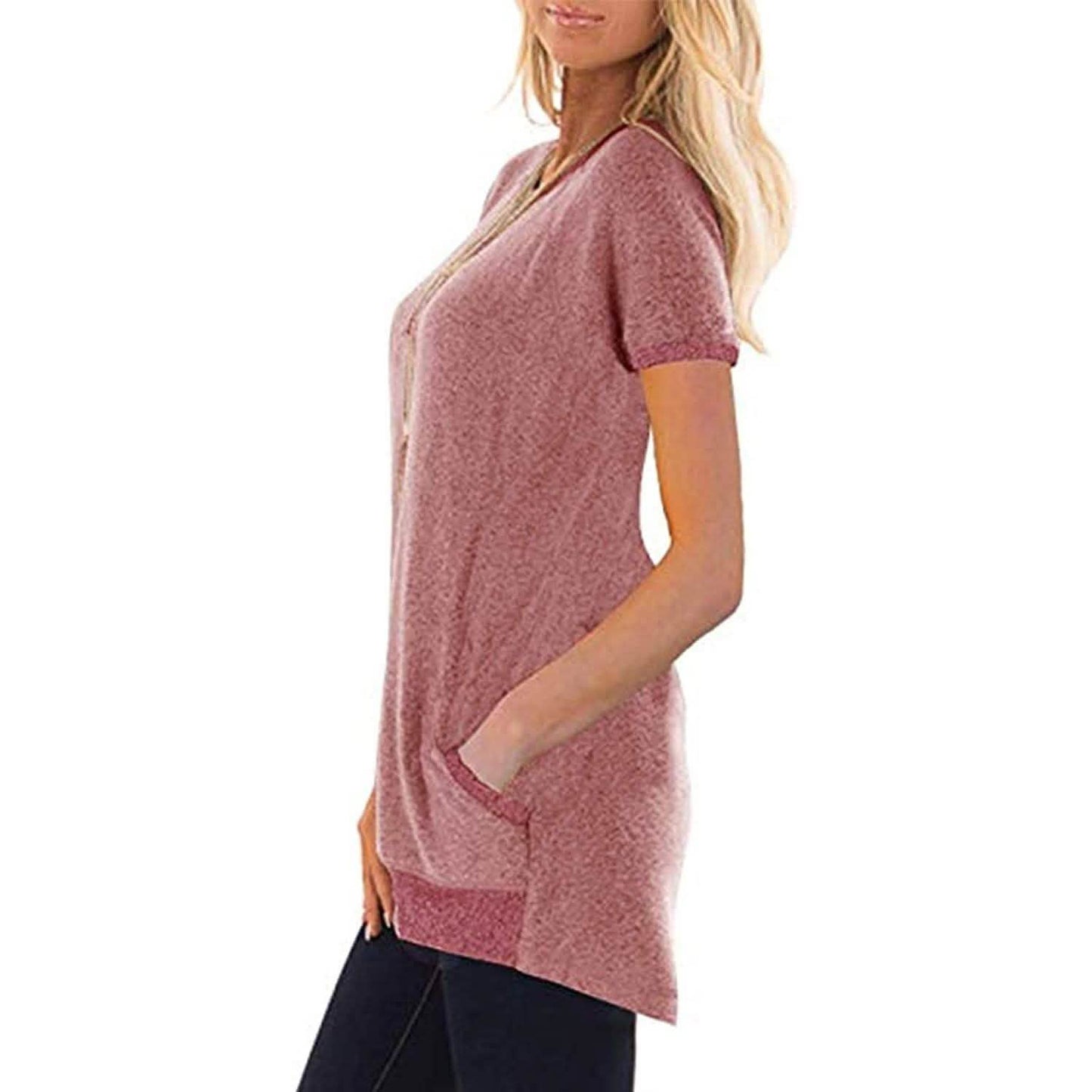 Women's Color Block Short Sleeve Lightweight Knit Sweatshirts with Pockets DailySale